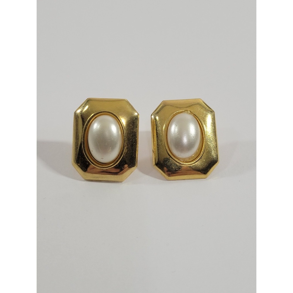 Faux Pearl Earrings Gold Tone Rectangle Post 3/4" Timeless Grandma Regency